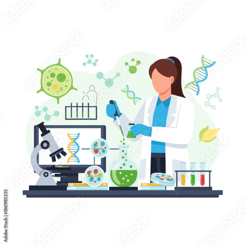 Scientist working in a lab with DNA, molecules, microscope, and petri dishes - Flat illustration