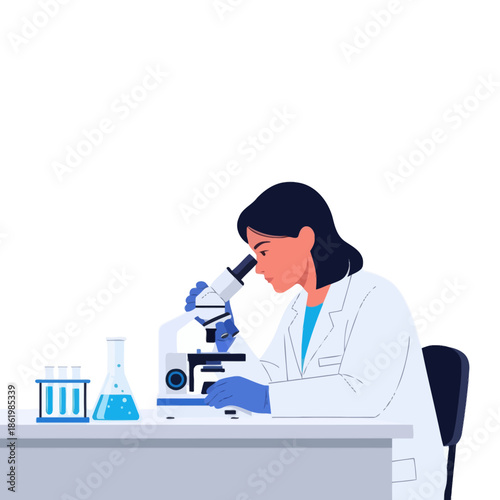 Scientist in Lab Coat Using Microscope with Test Tubes and Beaker
