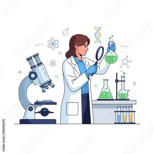 Scientist Examining Liquid in Flask with Microscope and DNA Helix Illustration