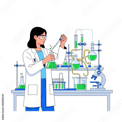 Female scientist conducts experiment with green liquid in laboratory beaker and flasks