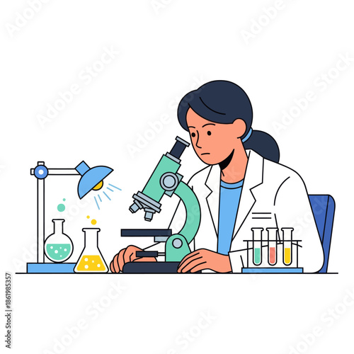 Female scientist in lab coat observing through microscope, with test tubes and beakers in laboratory.