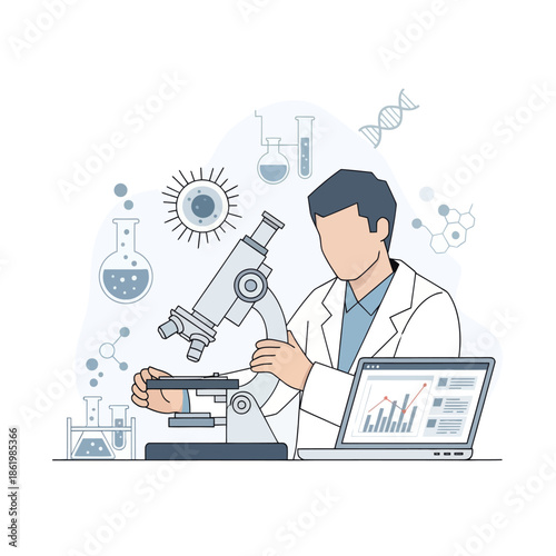 Scientist using microscope with DNA, molecules and laptop in laboratory. Research concept.