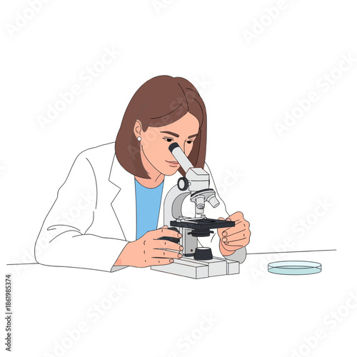 Female scientist looking through microscope, doing research in laboratory, white background