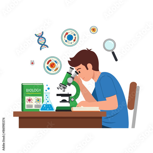 Boy examining cells under microscope, learning biology, science education, DNA, research