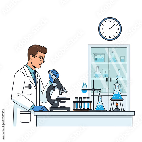 Scientist examining sample under microscope in laboratory with equipment and clock