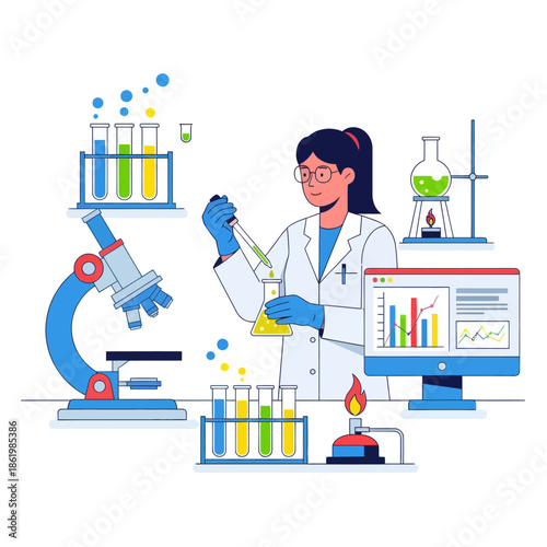 Scientist conducting experiment with microscope, test tubes, and computer data analysis