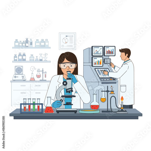 Scientists working in laboratory with microscope and equipment, research and development concept