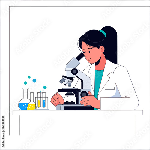 Woman scientist using microscope in laboratory, with flasks and colorful liquids