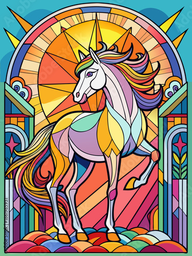 Horse and Sun, full body , Stained Glass Style , rainbow color