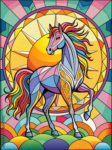 Horse and Sun, full body , Stained Glass Style , rainbow color