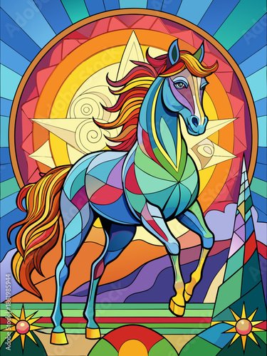 Horse and Sun, full body , Stained Glass Style , rainbow color
