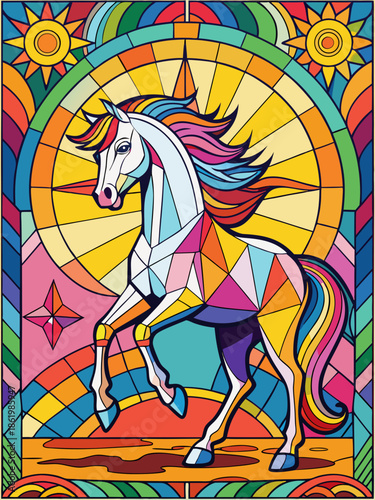 Horse and Sun, full body , Stained Glass Style , rainbow color