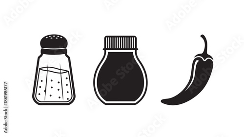 Salt and Pepper Shakers with Chili Pepper in Simple Black and White Illustration for Culinary Use