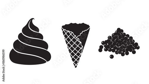 Blackberry Ice Cream Swirl with Waffle Cone and Fresh Berries in Simple Flat Design for Dessert Menu