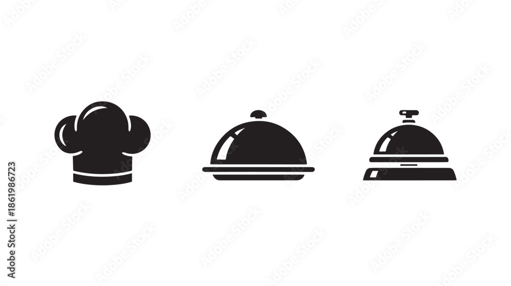 Fototapeta premium Chef Hat and Serving Dishes in Simple Monochrome Design on White Background for Restaurant Branding