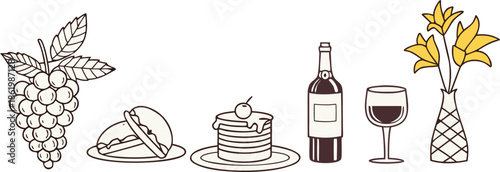 Pasta and vegetables with wheat beside a red wine glass and bottle isolated on white for a restaurant celebration