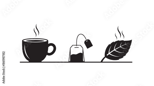 Steaming Tea Cup in Simple Silhouette with Black Ink Illustration for Wellness Branding