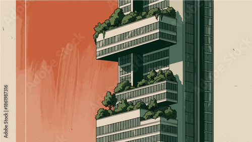 Modern sustainable architecture with urban gardens on balconies, eco-friendly city skyscraper vector.