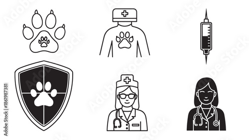 Veterinary Care Icons in Simple Line Art Style with Black and White Color Scheme on White Background for Medical Illustration