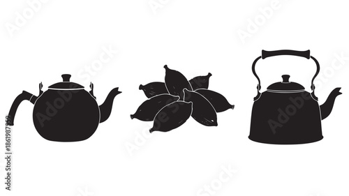 Tea Kettles and Lotus Flower Silhouettes in Minimalist Style with Black Color on White Background for Tea Brand