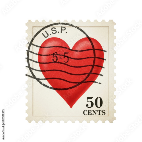 Vintage heart shaped postage stamp isolated on transparent background