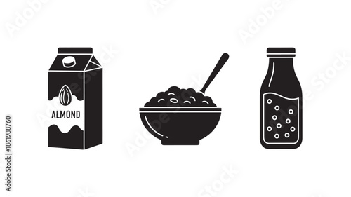 Almond Milk and Cereal in Monochrome Illustration with Simple Shapes and Clean Lines for Health Food Advertising