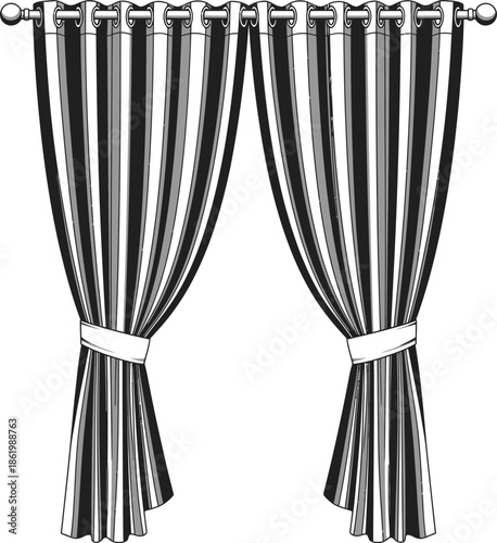Black and white striped curtains with tie-backs