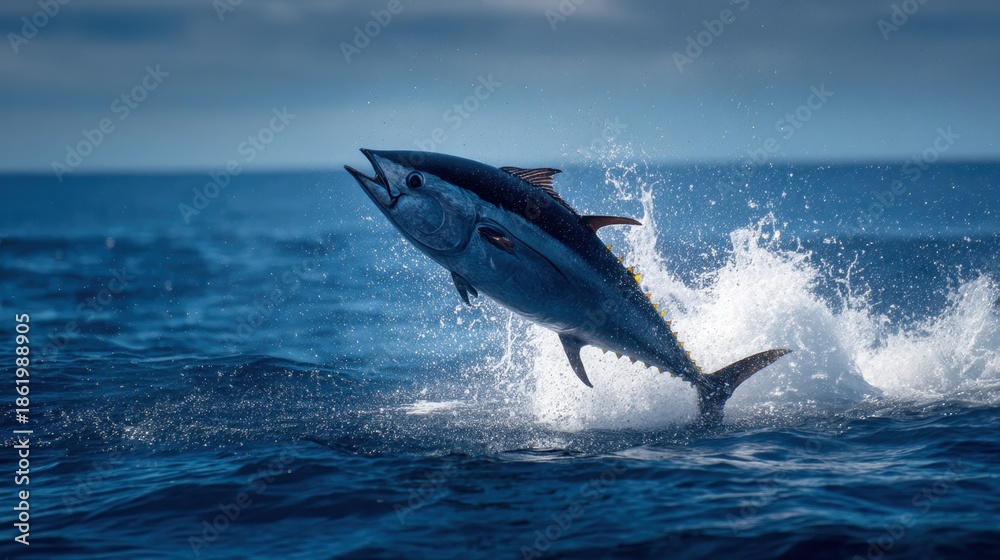 Obraz premium Majestic tuna leaping from ocean waters under bright blue sky.