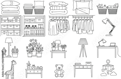 Collection of home interior and decor line art drawings