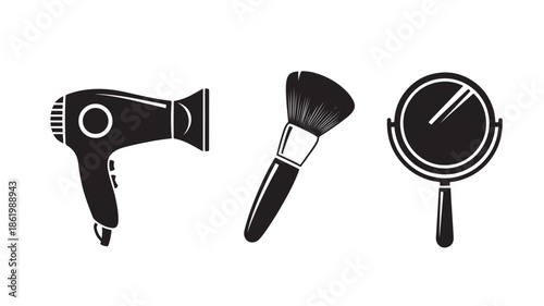 Beauty Tools Set in Simple Flat Design with Black Silhouette on White Background for Salon Branding
