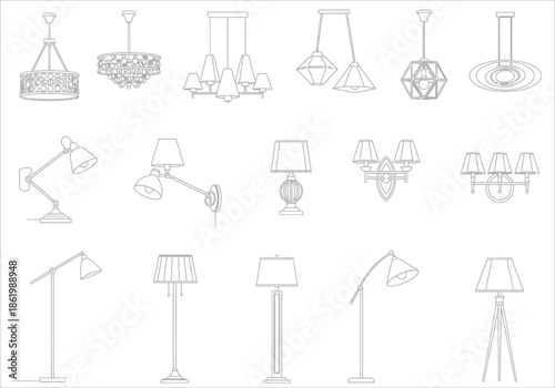 Collection of various decorative lighting fixtures and lamps