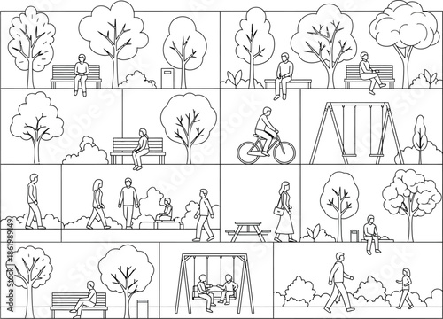 A detailed sketch of a park scene with various people enjoying outdoor activities