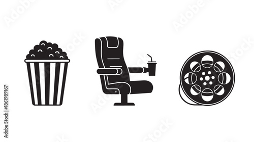 Cinema icons in simple flat design with monochrome color scheme on white background for entertainment industry
