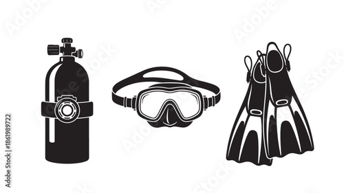 Scuba diving equipment in minimalist illustration style with black and white color scheme on isolated white background for adventure travel