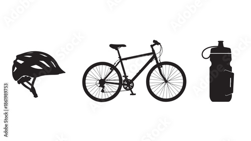 Cycling Accessories Silhouette Set in Modern Minimalist Style with High Contrast Lighting on White Background for Outdoor Enthusiasts