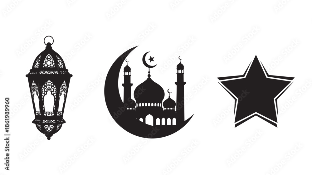 Fototapeta premium Islamic Symbols in Minimalist Black Silhouette on White Background for Religious Design