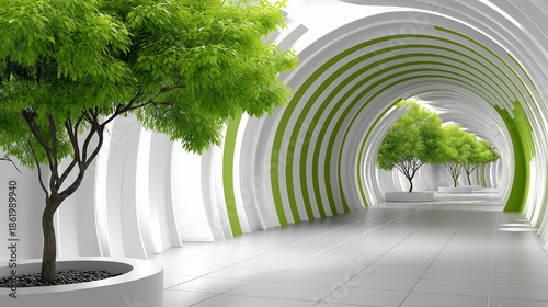 Sustainable living shining modern hallway, environmental awareness emphasizing, thoughtful design choices, green architecture, with copy space