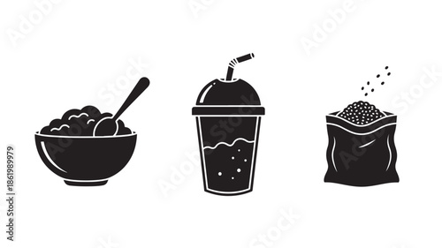 Boba Tea Ingredients in Simple Monochrome Illustrations for Menu Design