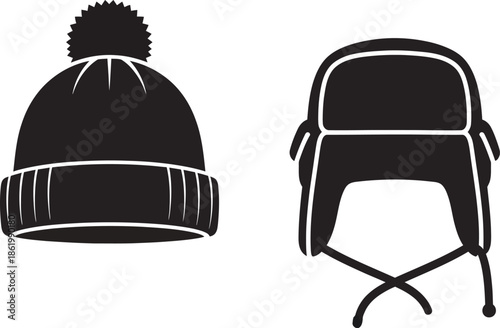 Two winter hats with pompom and earflap designs on transparent background silhouette
