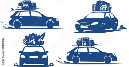 Blue car with luggage on roof various views on transparent background silhouette