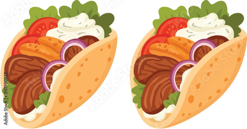 Two delicious gyro sandwiches with vibrant ingredients on transparent background silhouette