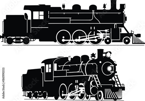 Detailed black steam train side view illustration on transparent background silhouette