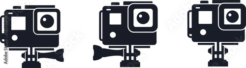Three action camera icons in a row on transparent background silhouette