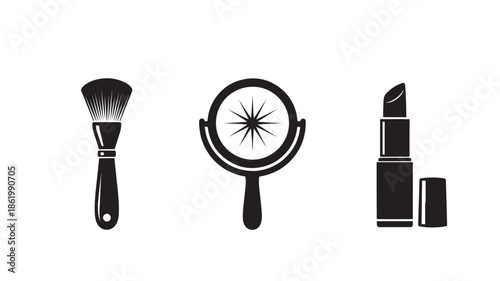 Makeup Brush, Mirror, and Lipstick in Minimalist Black Silhouette on White Background for Beauty and Cosmetics