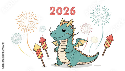 A cartoon dragon celebrates with fireworks