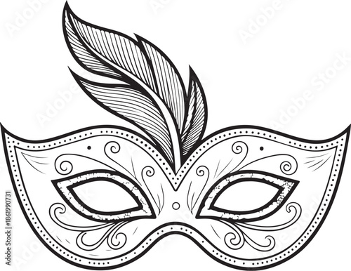 Elegant Party Mask with Feather, Masquerade Hand-drawn Sketch Drawing Vector Illustration, Line Linear Symbol Engraving Coloring Book, Black and White Isolated