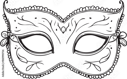 Simple Party Mask for Masquerade Hand-drawn Sketch Drawing Vector Illustration, Line Linear Symbol Engraving Coloring Book, Black and White Isolated