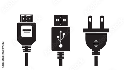 USB Cables and Power Plug in Simple Flat Design with Black Color on White Background for Technology Illustration