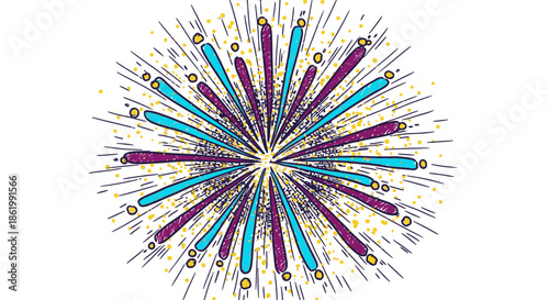 A vibrant hand-drawn illustration captures the exciting burst of colorful fireworks exploding against a clean white background, symbolizing celebration and joy.