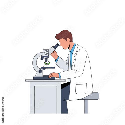 Scientist in lab coat examining plant seedling under microscope, biotechnology research